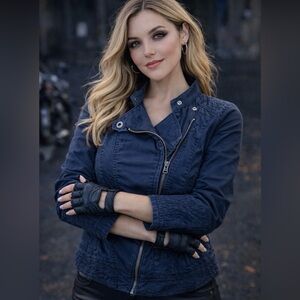 AX Armani Exchange Small Moto Jacket Navy Blue Asymmetrical Zip Biker